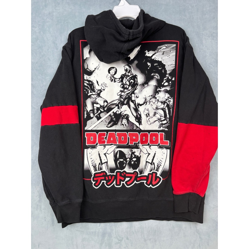 Marvel Deadpool Hoodie Mens XL Black Red Japanese Text Logo Pullover Sweatshirt